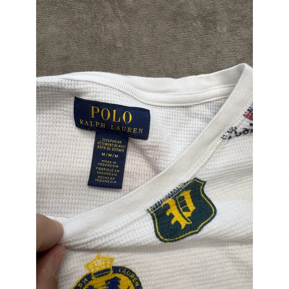 Polo Ralph‎ Lauren White Crest All Over Print Thermal Long Sleeve Sleep Shirt M